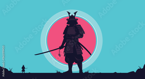 A dramatic pixel art illustration of a samurai warrior silhouette standing with a katana against a large pink circle.