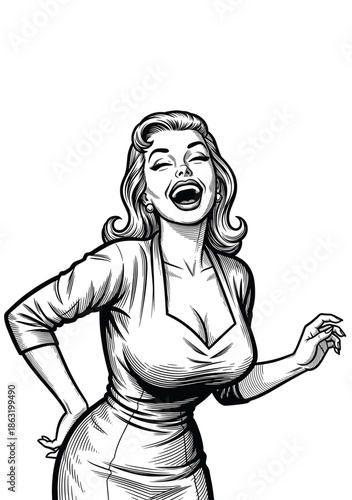 Vintage Engraving of Retro Pin-up Woman Laughing with Joy