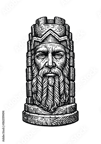 Vintage Engraving of Fantasy Dwarf King Tower Chess Piece