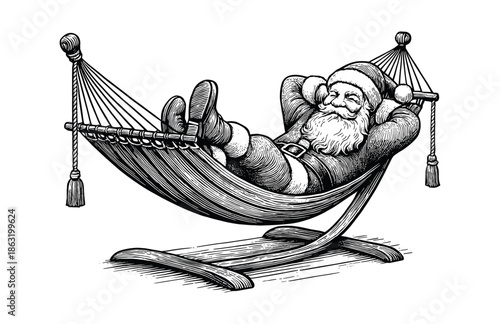 Relaxed Santa Claus in Hammock – Hand Drawn Black Ink Illustration