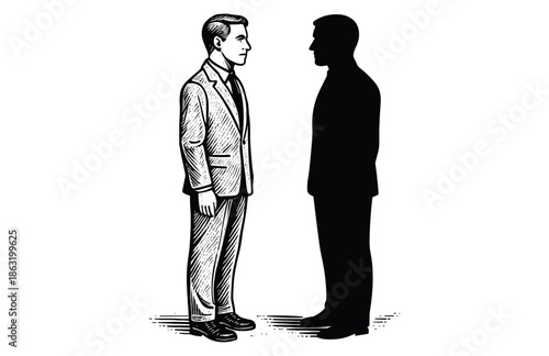 Man Facing His Shadow – Self Reflection Concept Black Ink Illustration