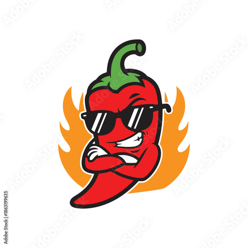 Cool Chili Pepper Mascot with Sunglasses and Flames - Hot Spice Food Character Design