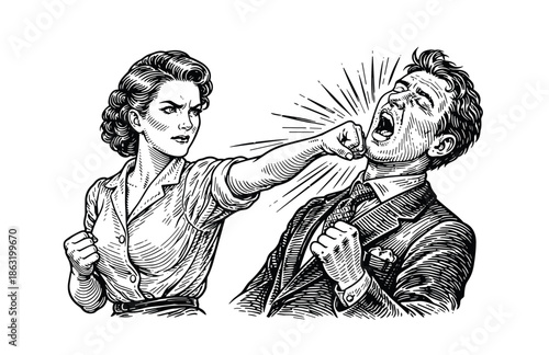 Retro woman fighting with a man – Hand-Drawn Engraving Style Illustration