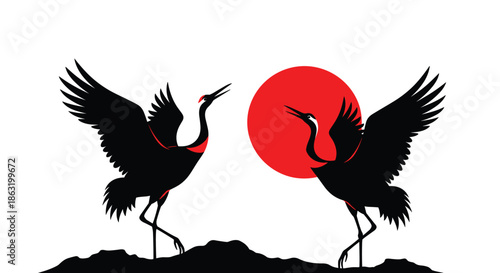 Two elegant Japanese crane silhouettes performing a courtship dance in front of a large red sun on a white background.