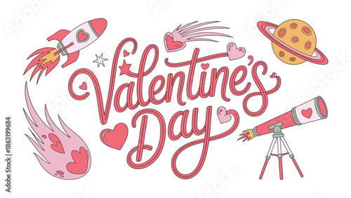 Celestial Valentine's Day: Festive illustration for Valentine's Day, featuring a rocket, shooting stars, a planet, a telescope, and love hearts, capturing a sense of cosmic romance and celebration.