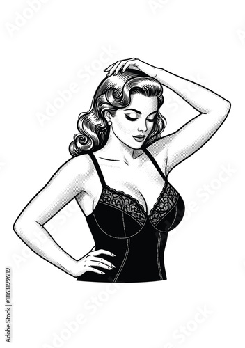 Retro woman in black laced bralette – Hand-Drawn Engraving Style Illustration