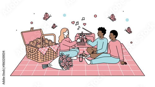 Harmony of Friendship on a Picnic: Captured is a heartwarming scene of three friends sharing a picnic on a delightful day, surrounded by the joy of togetherness, good food.