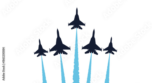 A striking illustration of five military fighter jets flying in a classic V-formation with blue smoke trails behind them.