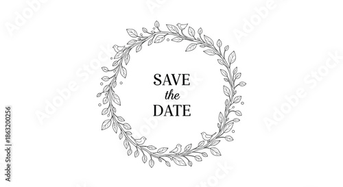 An elegant save the date wedding invitation design with serif text inside a delicate hand-drawn botanical wreath.