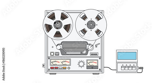 A detailed retro illustration of a reel-to-reel tape recorder and an audio monitor on a clean white background.