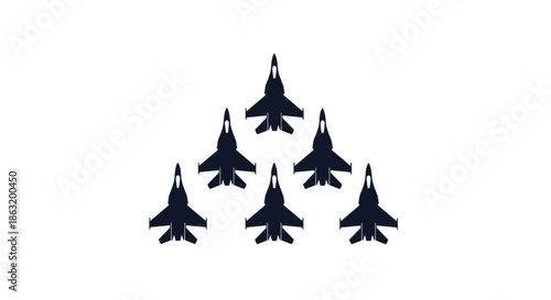 A precise top-down silhouette of six military fighter jets flying in a tight triangular or pyramid formation.