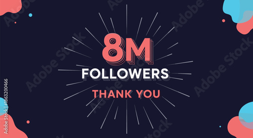 A modern 8M followers thank you banner for social media with a sunburst effect and abstract shapes on a dark background.