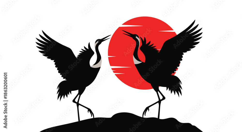 Fototapeta premium Two graceful crane silhouettes engaged in a mating dance ritual in front of a red sun with horizontal lines.
