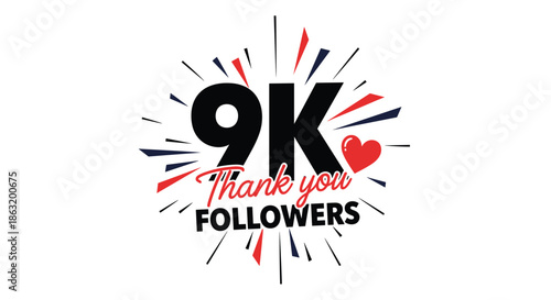 A festive 9k thank you followers celebration banner for social media with a heart and a red and black firework design.