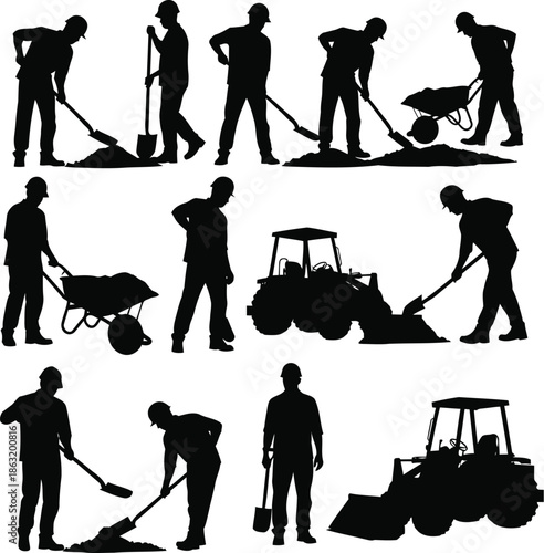 Construction workers engaged in various tasks