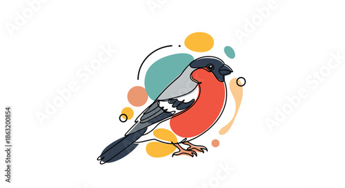 Modern artistic illustration of a bullfinch with a continuous line art style overlaid with colorful abstract shapes in muted tones.