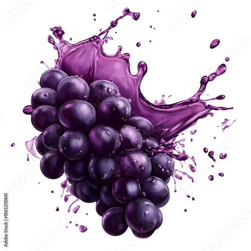 Purple Grapes with Juice Splash on White Background