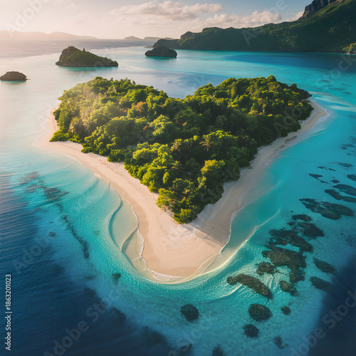 Aerial view of a heart shaped island surrounded by turquoise waters and lush greenery