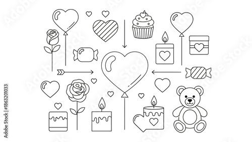 Valentine's Day Line Art: A delicate, intricate line art composition capturing the essence of Valentine's Day. It contains elements of love and affection.