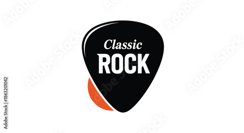 Minimalist 'Classic Rock' logo design featuring bold white text inside a black guitar pick with a hint of orange for a modern look.