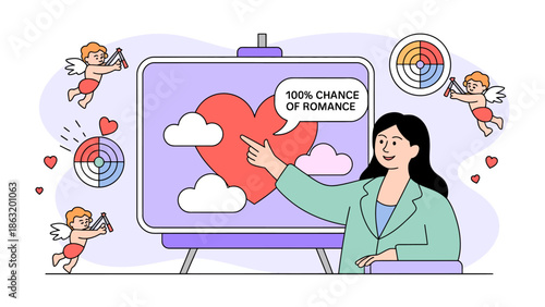 Love's Blueprint: A woman, standing before a whiteboard depicting a heart with the hopeful message 100% chance of romance, flanked by cherubic figures of love.