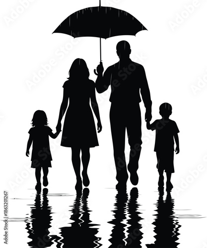Family walking under umbrella in rain
