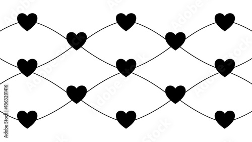 A charming seamless pattern of black hearts intertwined with elegant wavy lines on a pristine white background