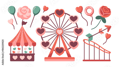 Valentine's Day Carnival: Delightful and romantic carnival elements, featuring a charming Ferris wheel adorned with heart-shaped carriages, capturing the essence of love and celebration.