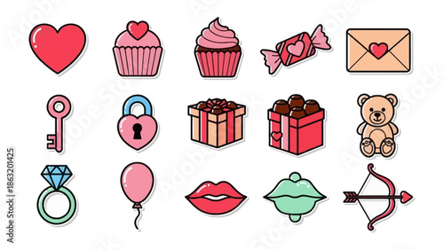 Valentine's Day Icon Set: a vibrant assortment of classic romantic symbols arranged in a visually appealing pattern, perfect for adding a touch of love and sweetness to any project.