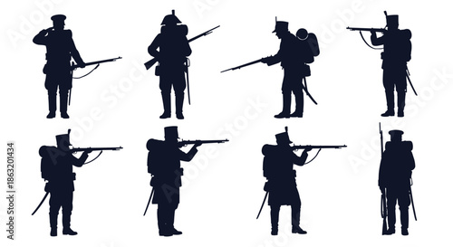 Set of eight dark silhouettes of historical soldiers from the Napoleonic era in various poses including marching aiming and at attention.