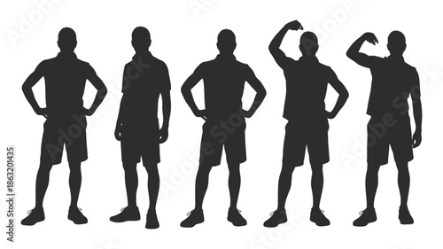 Collection of diverse male silhouettes showcasing athletic poses and human form in fitness