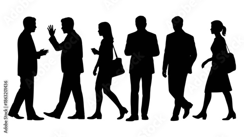 Silhouettes of diverse people illustrating various daily interactions and movements in a crowd