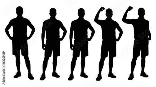 Silhouettes of five men in various poses, including confident stances and victory gestures