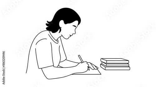 Young student focused on her studies, diligently writing notes with books nearby