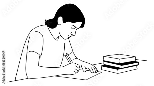 A diligent student is focused on writing an assignment at a desk with books