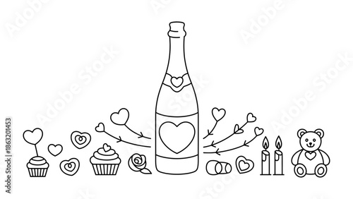 Love's Festive Array: A line drawing portrays an array of romantic elements, a champagne bottle at the center, surrounded by cupcakes, roses, hearts, teddy bear, candles and rings.