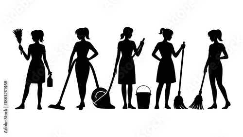 Diverse silhouettes of women performing various household cleaning tasks and chores