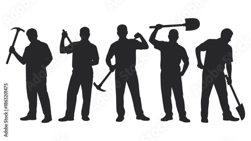 Silhouettes of five men holding various digging and construction tools like shovels and pickaxes