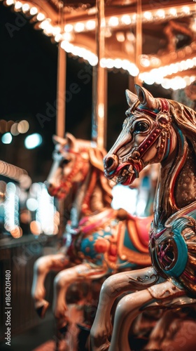 tennessine. A vibrant carousel at night with colorful horses and festive lights. wildlife magazines, conservation campaigns, designed for wildlife conservation campaigns.
