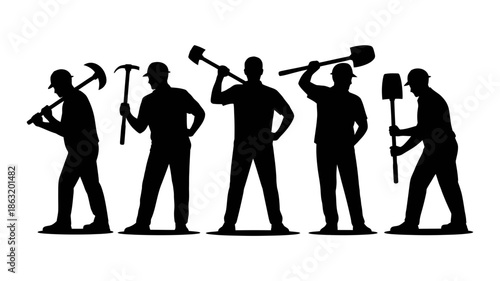 Silhouettes of construction workers displaying various essential tools for manual labor