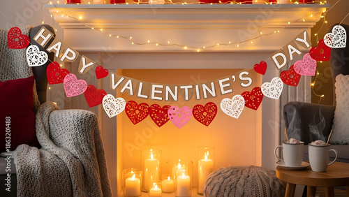 Happy valentines day decorations with heart banners and candles