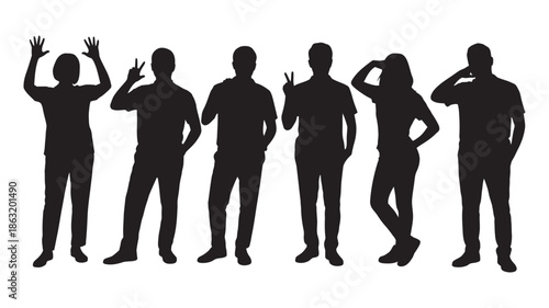 Silhouettes of a cheerful group of young people posing together on a bright white background
