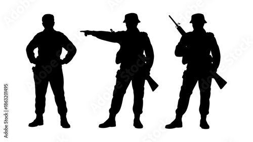 Silhouettes of three soldiers in various poses, depicting military personnel and action