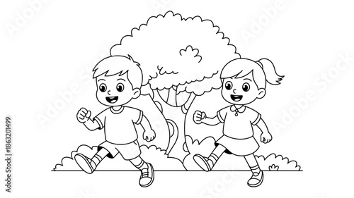 A happy boy and girl jogging together in a park, ready for a fun coloring activity