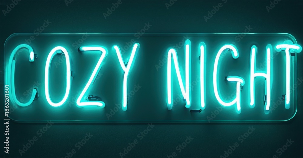 Obraz premium Bright neon sign displays words cozy night. Turquoise glow contrasts dark background. Simple, modern aesthetic. Inviting, warm feeling.