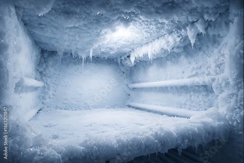 Interior of a heavily frosted and icy freezer compartment with icicles hanging from the ceiling