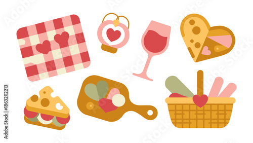 Valentine's Day Picnic Delights: An array of delightful picnic essentials, including a checkered blanket, heart-shaped cheese, a vintage clock, a glass of red wine, a cutting board.