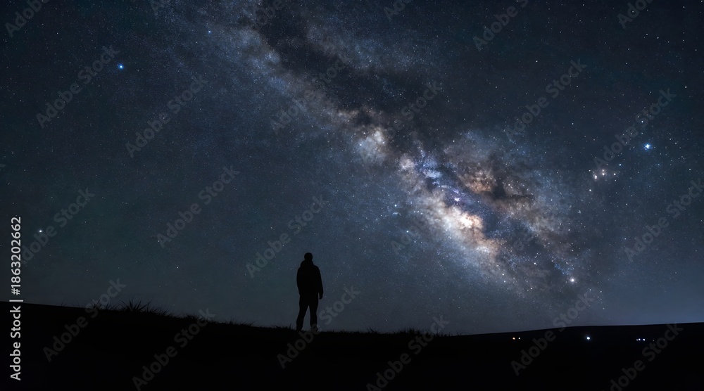 Fototapeta premium Silhouette of a person gazing up at the majestic milky way above the horizon
