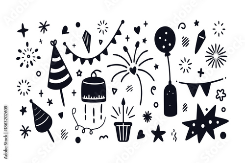 Birthday Party Icons Set. Celebration, Party Hat, Cake, Balloon, Fireworks, Confetti, Garland, Star, Candle, Gift, and More. Hand Drawn Vector Illustration. Editable Stroke.