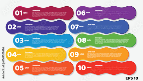 10-Step Business Infographic Template. Professional Two-Column Layout with Wavy Horizontal Banners, Colorful Numbered Options, and Placeholder Text. Vector Illustration for Sequential Workflows